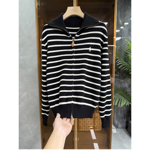 条纹丝光羊毛拉链针织开衫毛衣