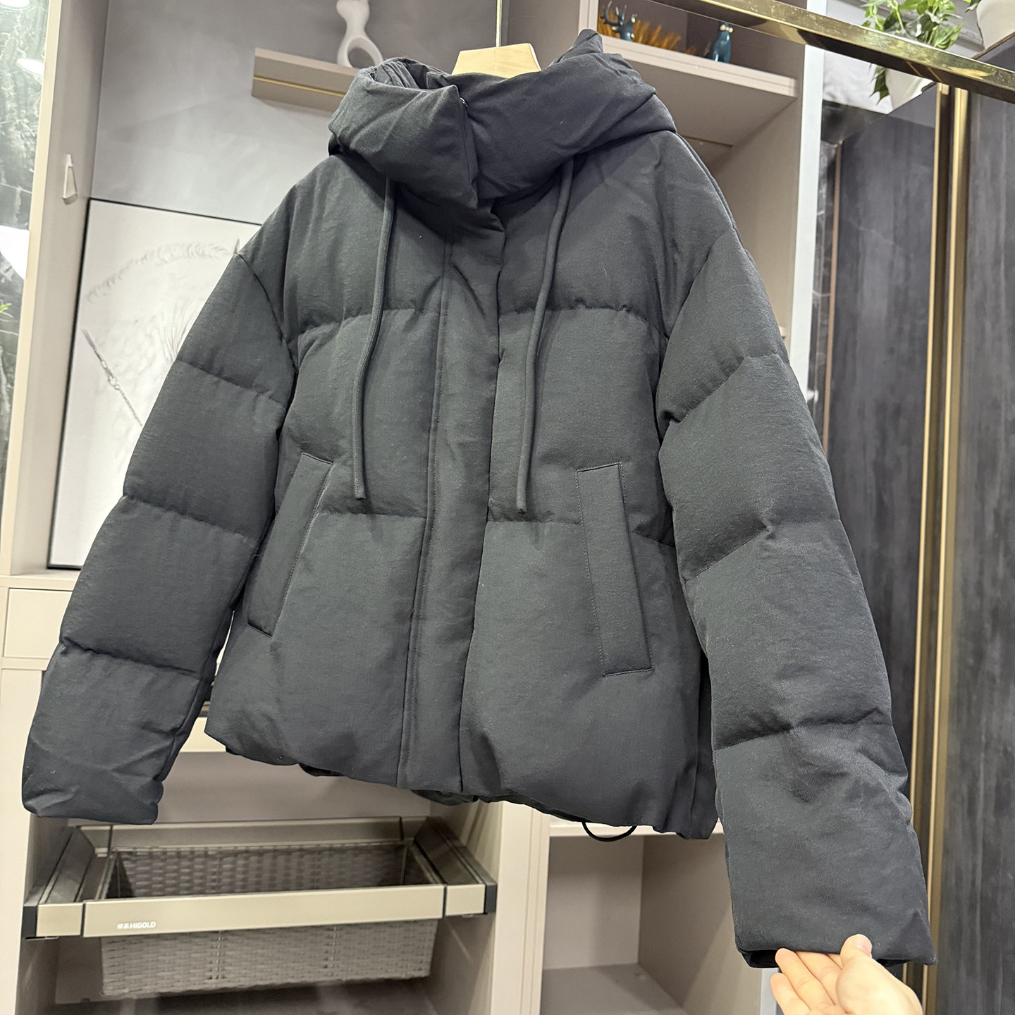 G单!宽松连帽白鸭绒羽绒服外套
