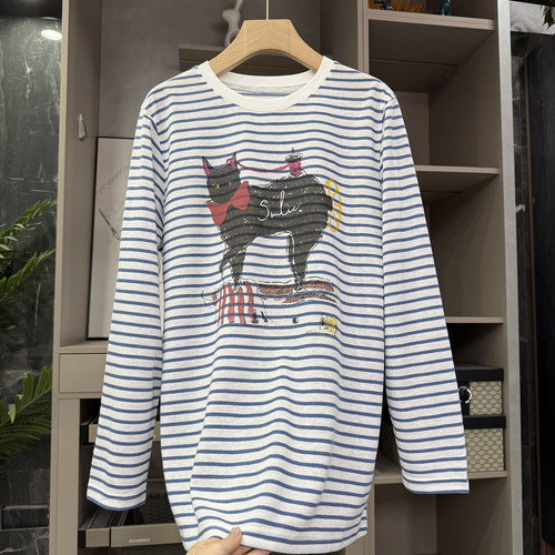 宽松条纹印花小猫圆领长袖棉T恤