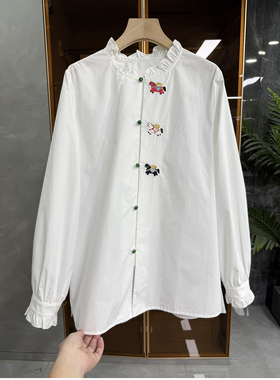 实力大厂出！宽松刺绣小马木耳领长袖棉衬衫上衣女   D25690~ME
