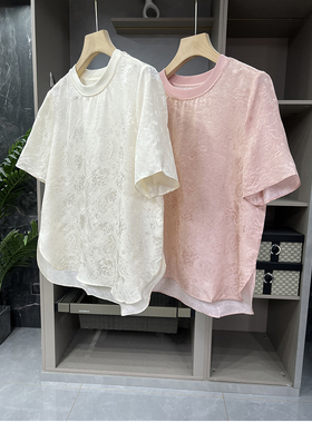 清仓不予退换！式！真丝花罗腰果提花圆领短袖上衣女223135-1~ME