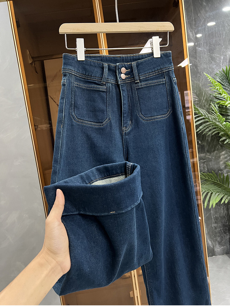 N货！怎么穿都好看！高腰双扣加绒翻边牛仔直筒阔腿裤女   23301