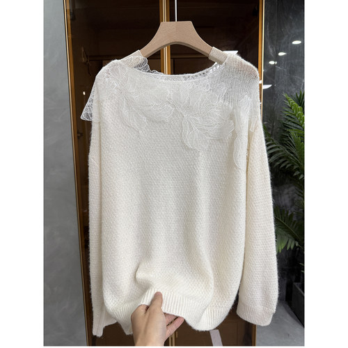 立体花宽松真丝羊绒圆领针织毛衣