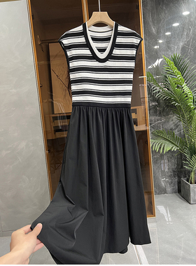 清仓不予退换！抹清凉！拼接针织V领无袖大摆连衣裙M02057~JS