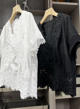 清仓不予退换！！拼接镂空花边天丝亚麻短袖上衣女S85351~ZY