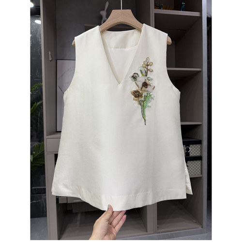 重工钉珠花朵真丝羊毛V领背心