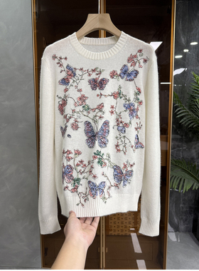 yuan出！D牌气质款！重工刺绣羊绒圆领长袖针织毛衣女  C2845~ME