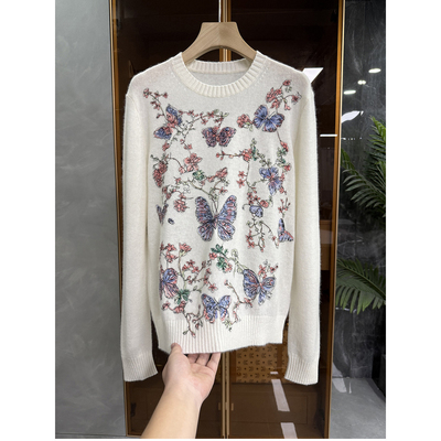 重工刺绣羊绒圆领长袖针织毛衣