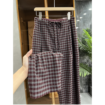 N货！复古格子松紧腰休闲直筒裤