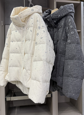 G上1.2W+！宽松羊毛毛呢烫钻鹅绒羽绒服连帽外套女   AE012348~ZY