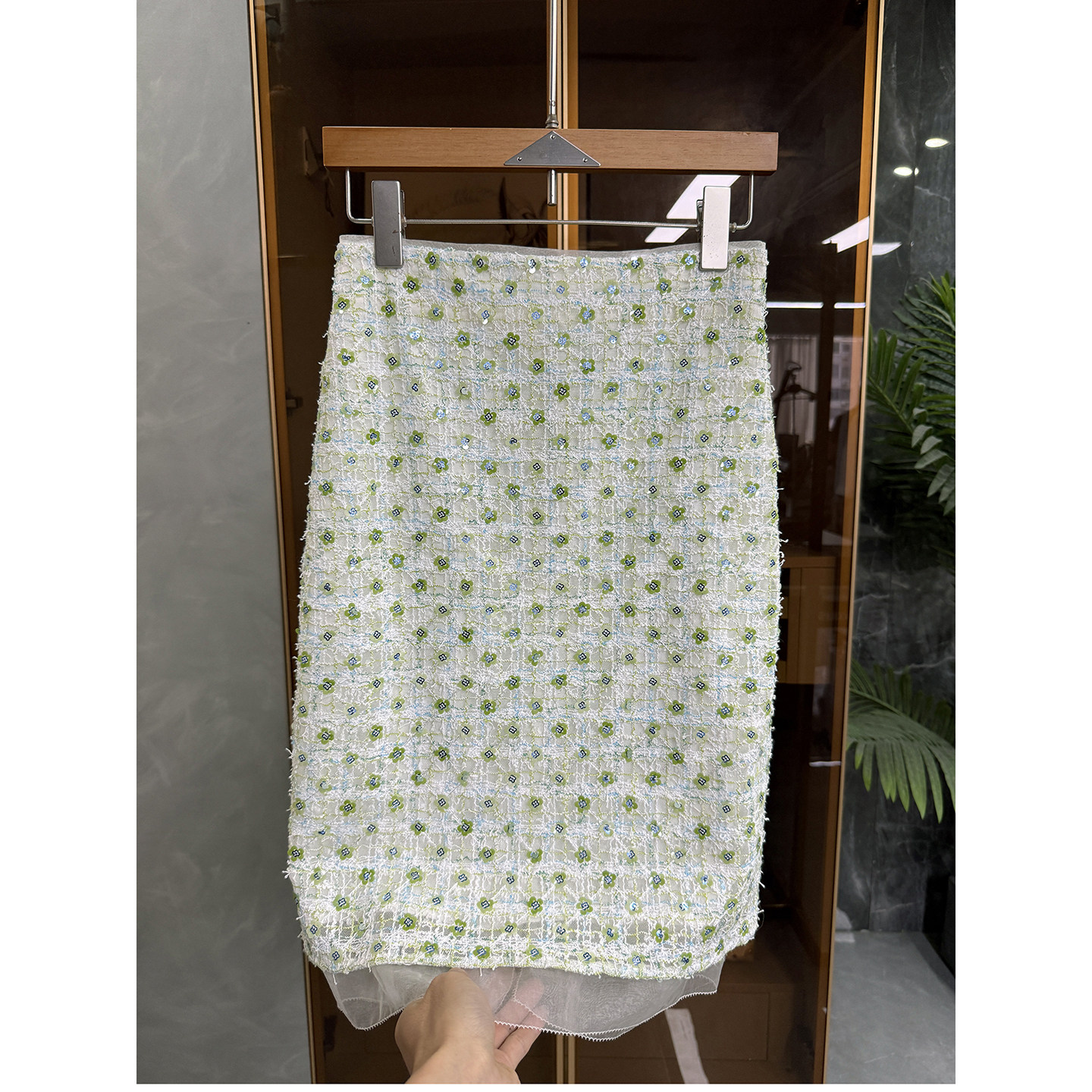 亮片花朵高腰蕾丝包臀半身裙