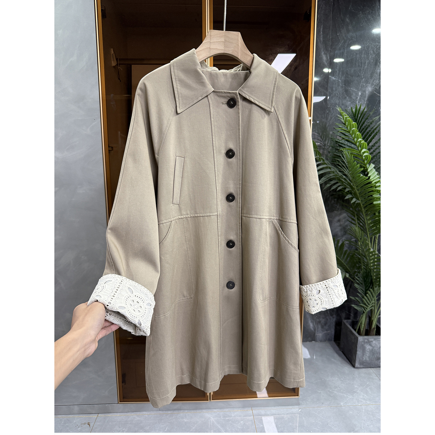 外M单！宽松拼花边长袖风衣外套