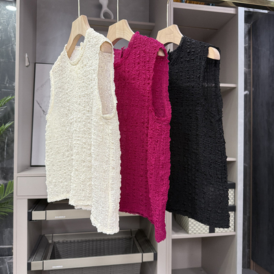 重工褶皱真丝圆领无袖背心马甲