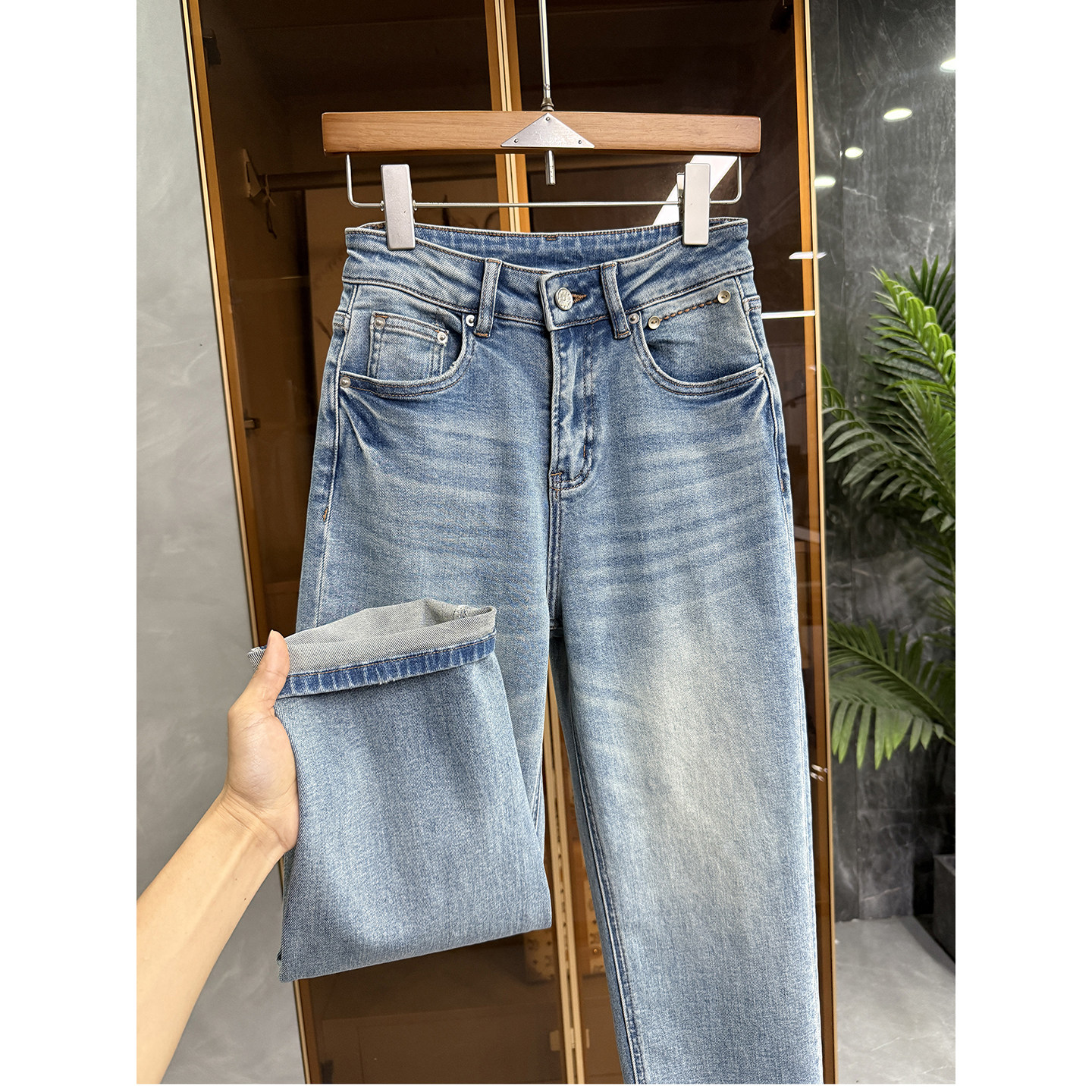 小个子收！显瘦显高挑！微弹中高腰牛仔烟管九分裤女   267027~JS