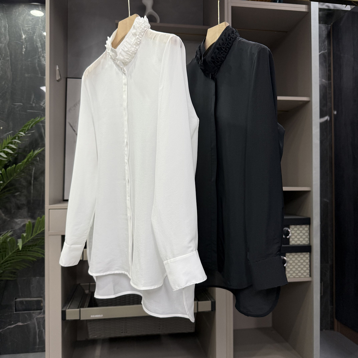 yuan厂出！设计师款！真丝醋酸木耳边立领衬衫上衣女  58388~ZY