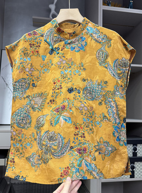 清仓不予退换！中式！真丝雨露麻立领飞飞袖上衣女23243~ZY