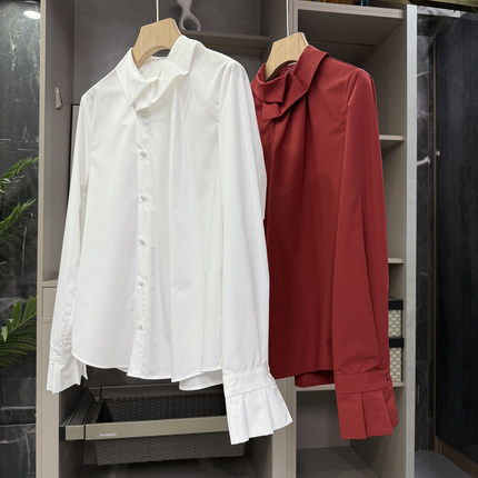 法式！优雅又气质！荷叶领长袖包扣衬衫上衣女     240106002~ZY