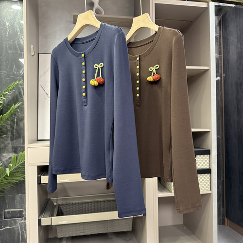 N货！正肩亨利领长袖棉T恤打底衫