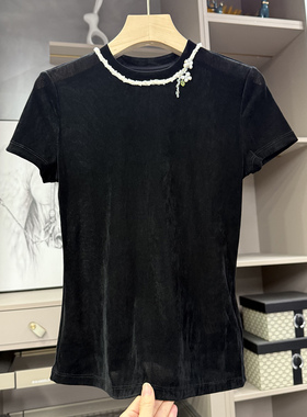 清仓不予退换！腰！修身钉珠圆领短袖植绒上衣女26602~ZY