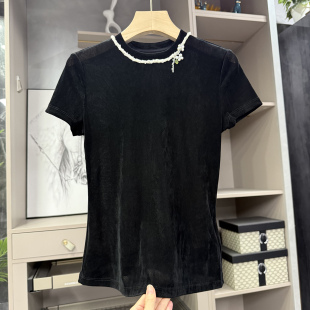 植绒上衣女26602 清仓不予退换 钉珠圆领短袖 修身 腰