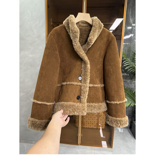 R811 口碑工厂出 两面穿皮毛一体麂皮绒翻领外套女