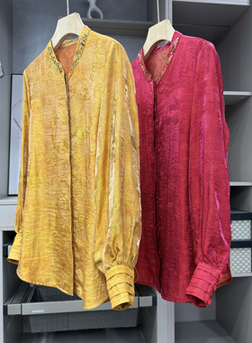 尖货！国风中式美炸街！宽松提花钉珠小立领衬衫上衣女 H11004~ZY