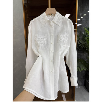 尖货！清凉舒适！宽松天丝苎麻花边翻领衬衫上衣女    S861048~JS
