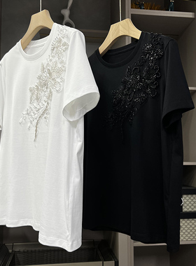 清仓不予退换！都好看！重工钉珠圆领短袖棉T恤女     S85323~ZY