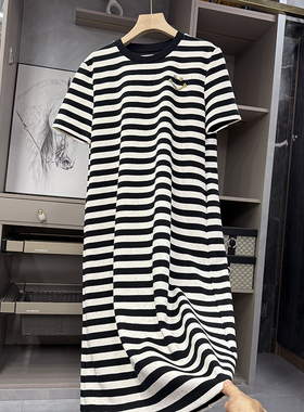 清仓不予退换！费力！花纱条纹圆领短袖T恤连衣裙110802~ZY