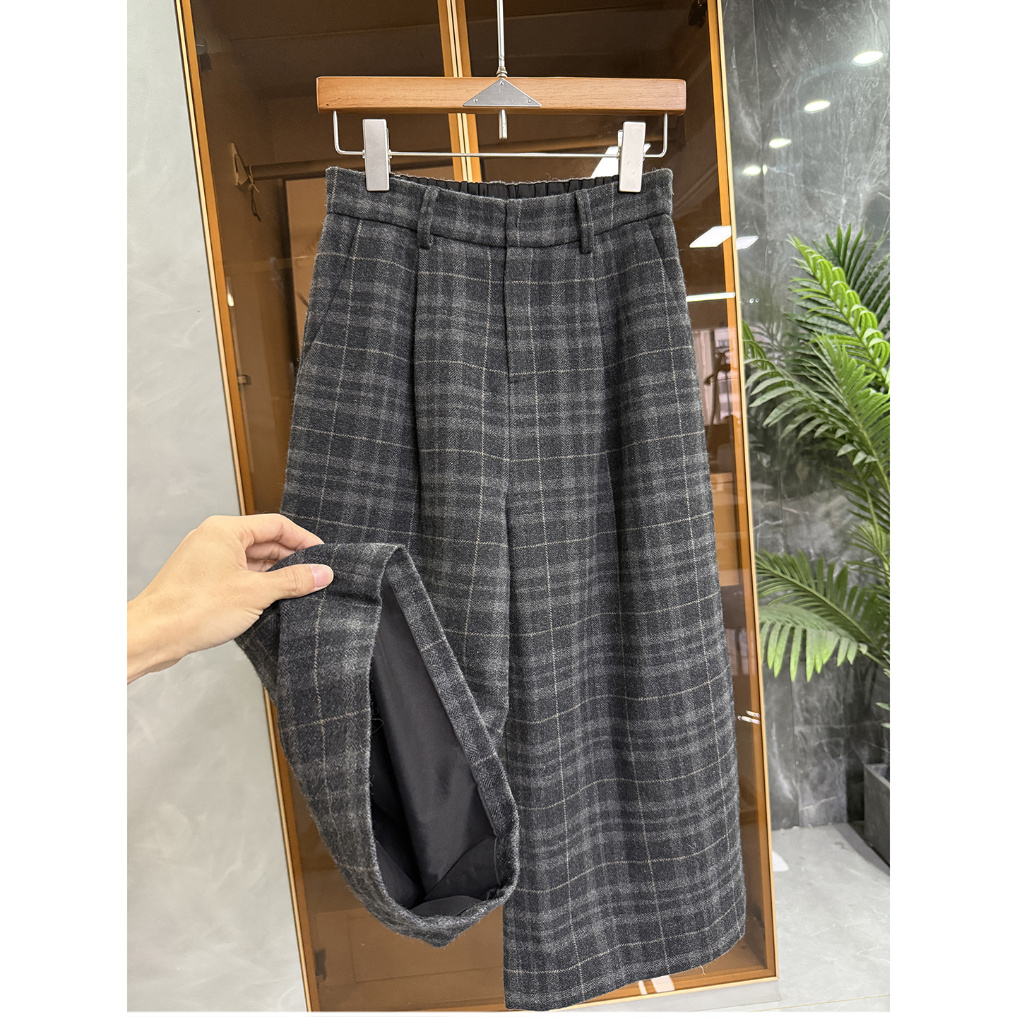 N货！羊毛毛呢格子休闲阔腿中裤
