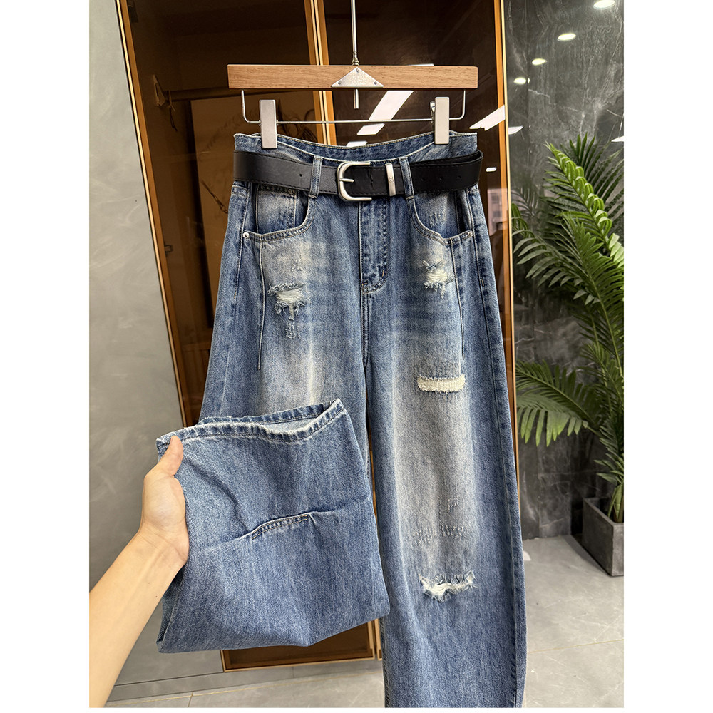 高个子出片神裤!重工洗水破洞中高腰牛仔镰刀裤女 M778707~JS