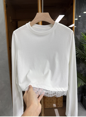 显身材比例好！拼蕾丝花边圆领长袖棉T恤短上衣女   196305~JS