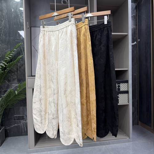 提花松紧腰休闲阔腿镰刀九分裤