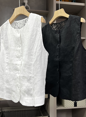 人手一件！透气新宠！蕾丝拼接亚麻圆领马甲女     S85329~ZY