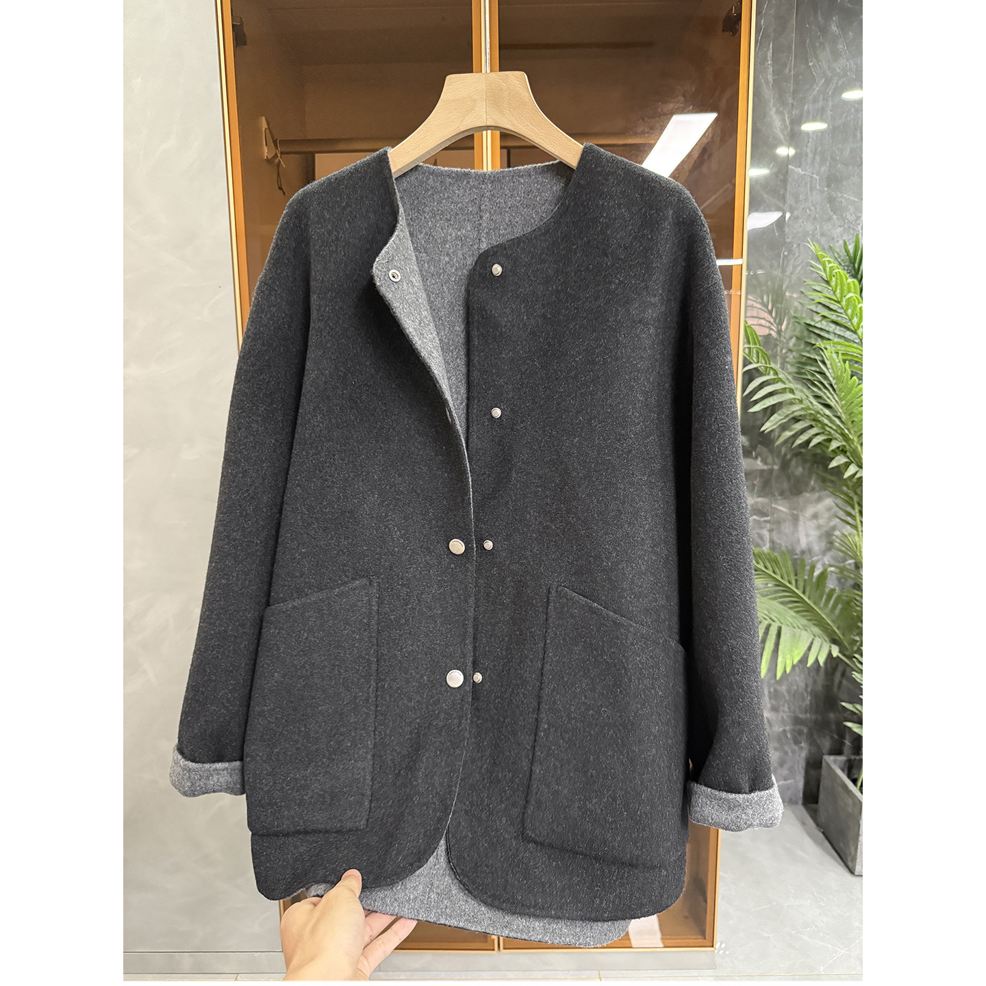 法柜宽松羊绒羊毛圆领双面呢外套