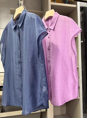 清仓不予退换！亚麻短袖藏青色浅紫色防晒衬衫领上衣女552223~ZY
