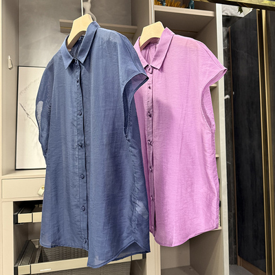 薄款亚麻短袖藏青浅紫色防晒衬衫