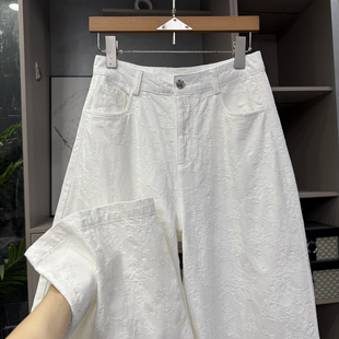 小个子时髦裤!重工提花高腰牛仔阔腿镰刀九分裤女 H88280~ZY