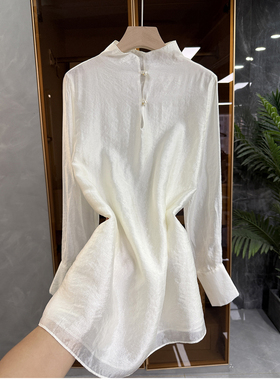 炸裂推荐！美得不费力！轻盈天丝小立领长袖衬衫上衣女 S85908~JS