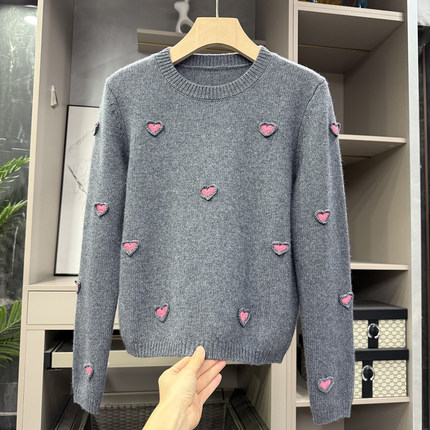代工厂P牌料！爱心羊绒圆领长袖针织短毛衣女    D66053~ZY