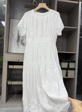 清仓不予退换！！刺绣苎麻棉圆领短袖连衣裙     Q85440~ZY