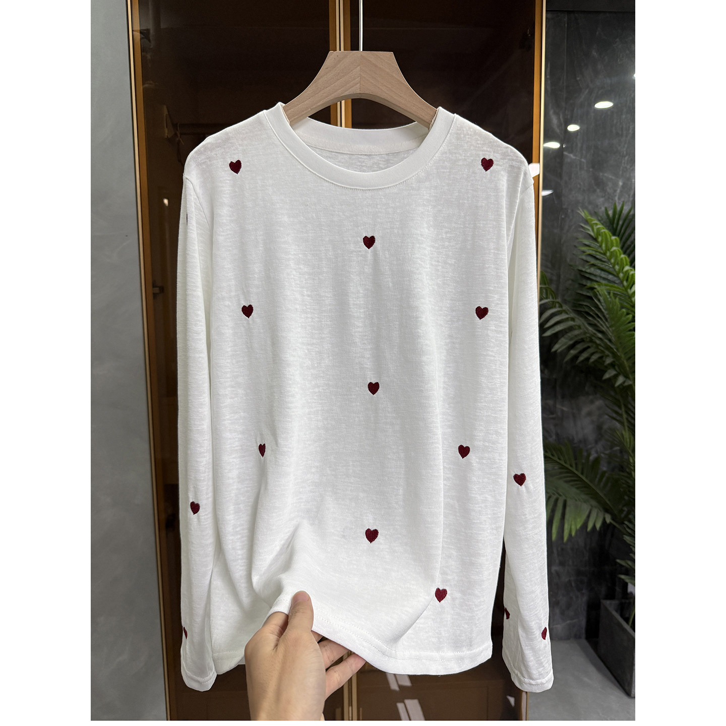 N货！口碑工厂品质！刺绣爱心竹节棉圆领长袖T恤女M02479~JS