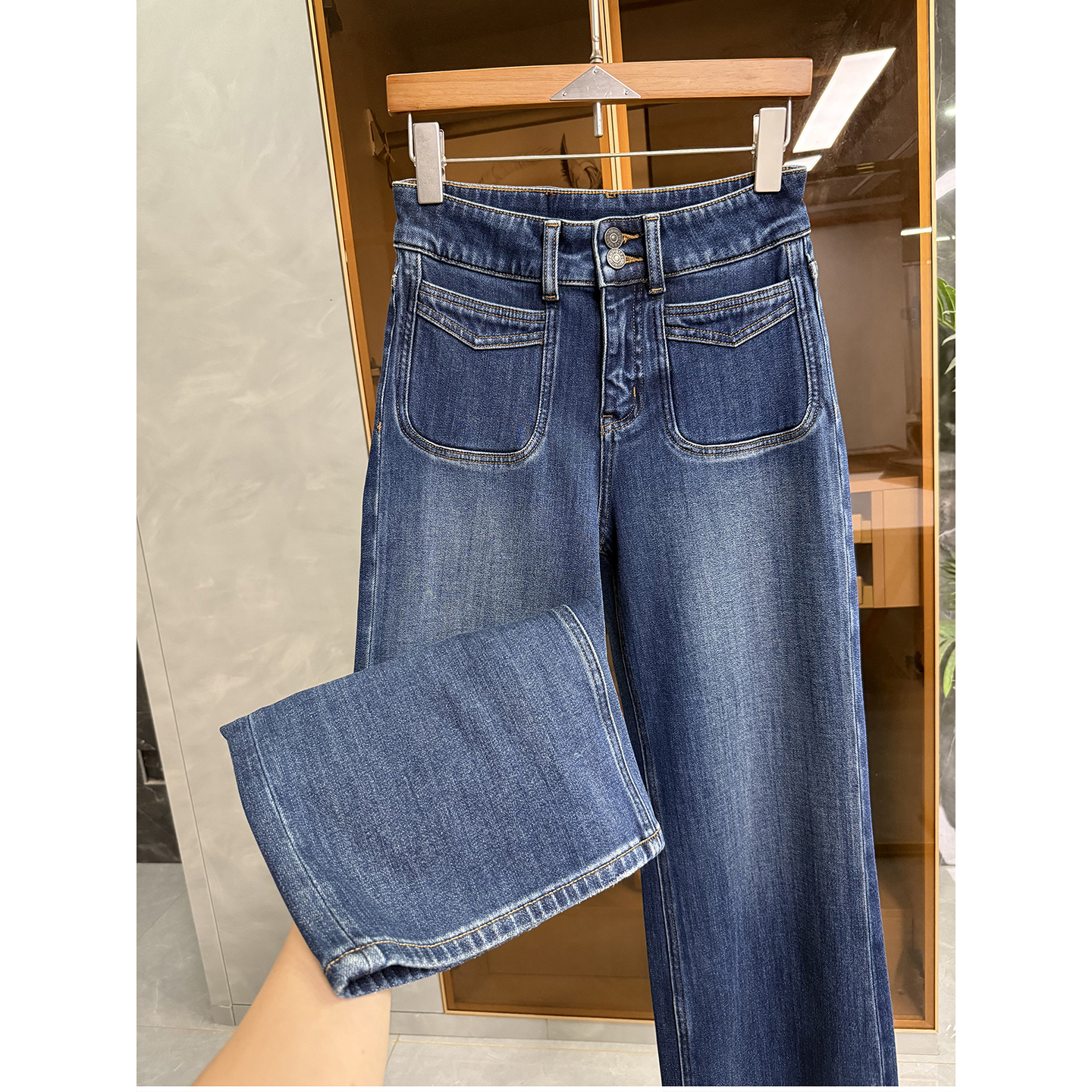 N货微弹磨毛高腰牛仔直筒阔腿裤