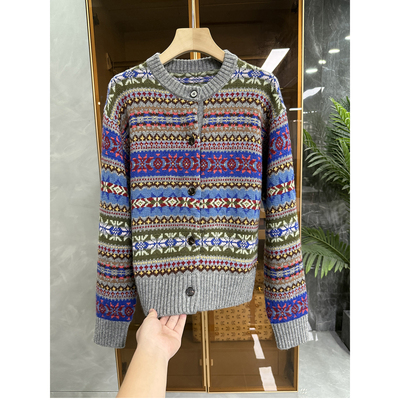 费尔岛羊毛提花圆领针织开衫毛衣