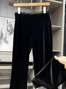 高个子收！细腰大长腿！拼蕾丝丝绒休闲喇叭裤女   KW0019~ZY