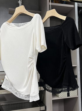 清仓不予退换！拼接蕾丝肌理醋酸一字领短袖超火上衣女110622~ZY