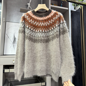 252266 代厂yuan料 宽松费尔岛羊毛拉绒圆领针织毛衣女