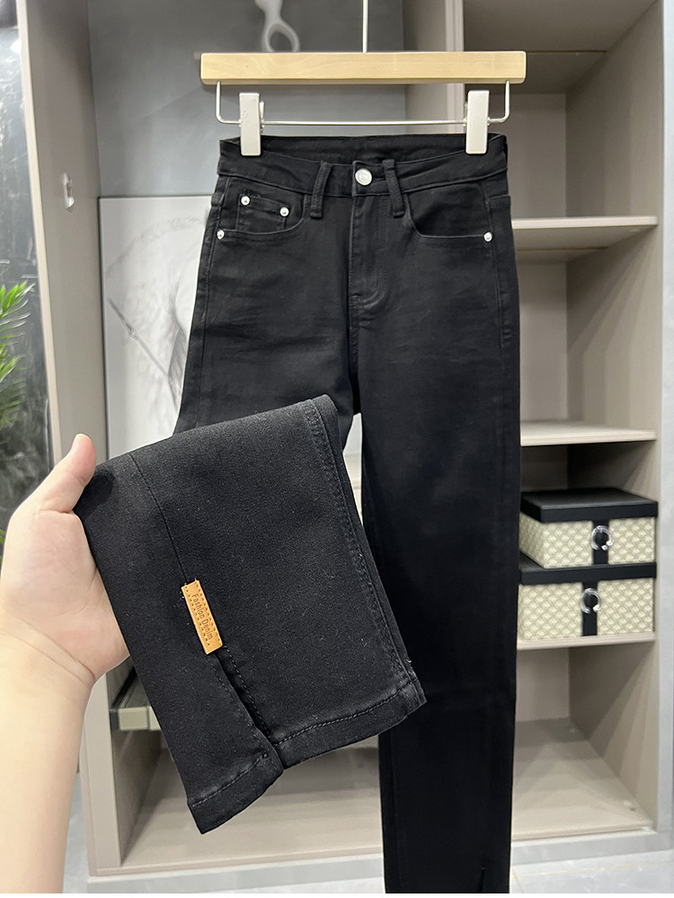 好物推荐!显腿直细长!中高腰牛仔裤开叉烟管九分裤女  8330