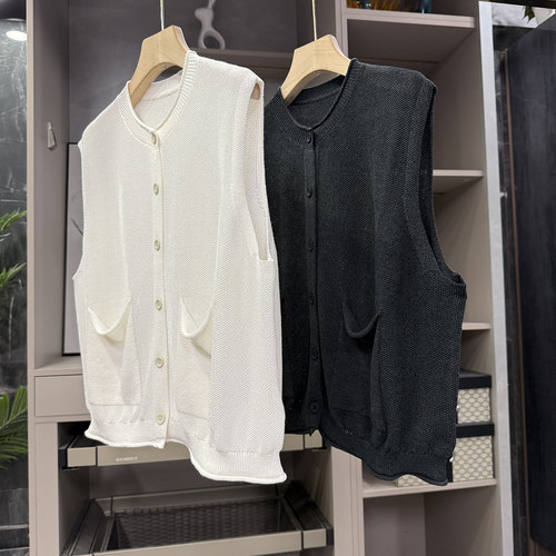 N货含真丝圆领无袖针织开衫上衣