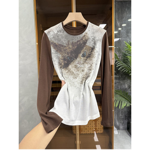 修身绵羊毛小猫圆领打底衫T恤